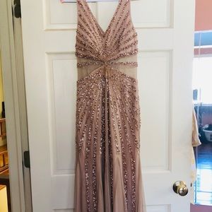 Gold sequin sheer midriff prom dress